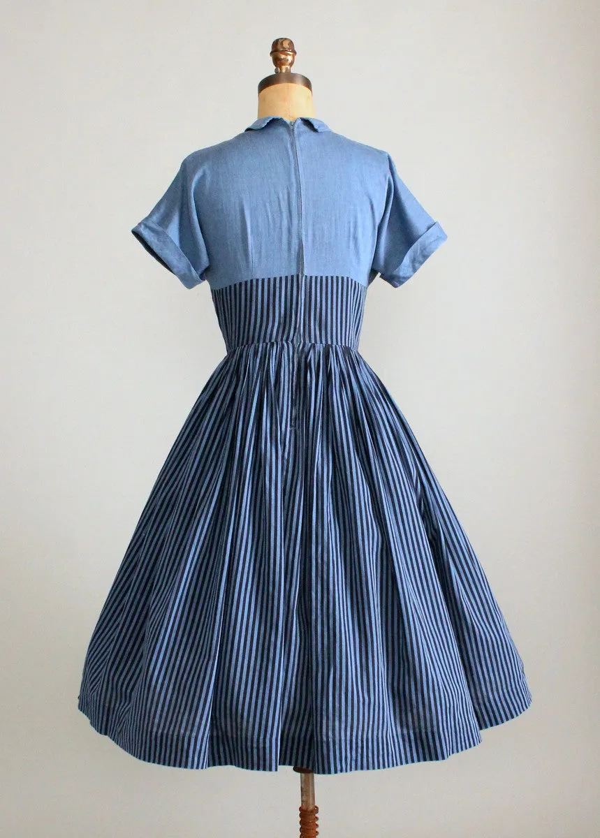 Vintage 1950s Striped Chambray Cotton Day Dress