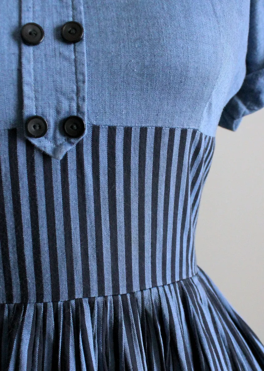 Vintage 1950s Striped Chambray Cotton Day Dress