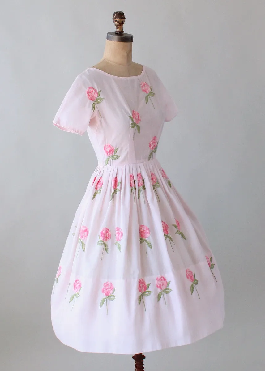 Vintage 1960s Embroidered Roses Pink Cotton Dress