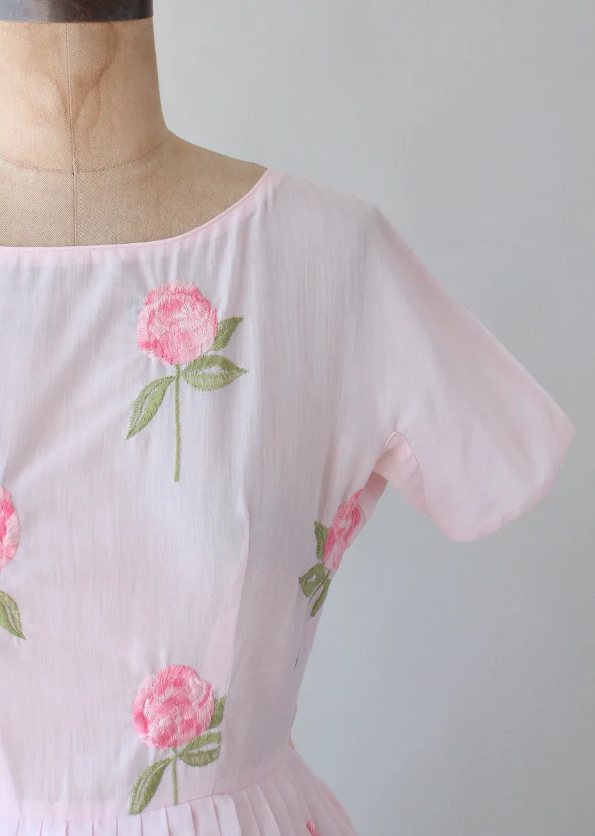 Vintage 1960s Embroidered Roses Pink Cotton Dress