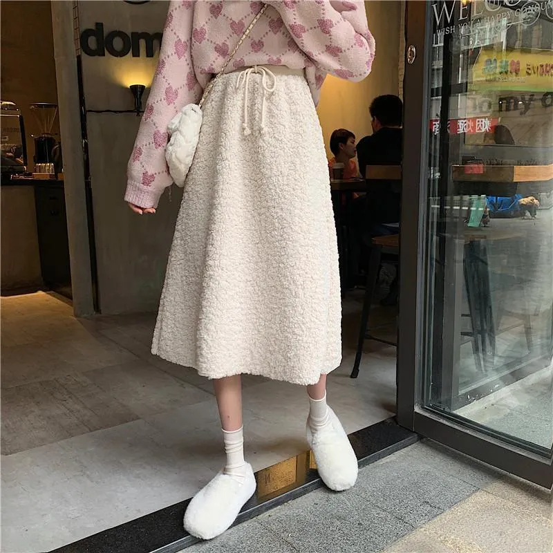 Warm Lamb Faux Fur Elastic Waist Long Skirt