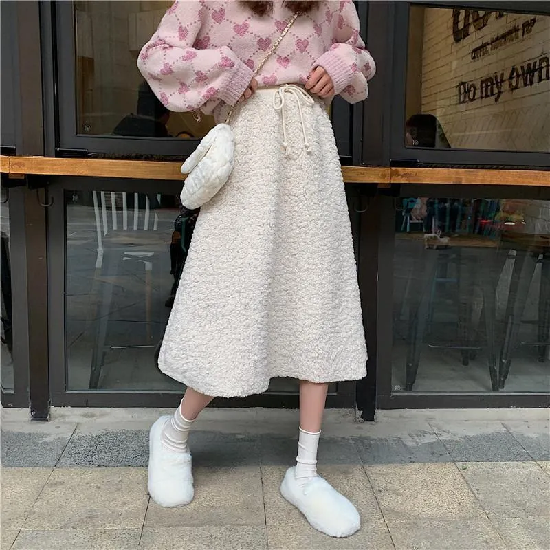 Warm Lamb Faux Fur Elastic Waist Long Skirt