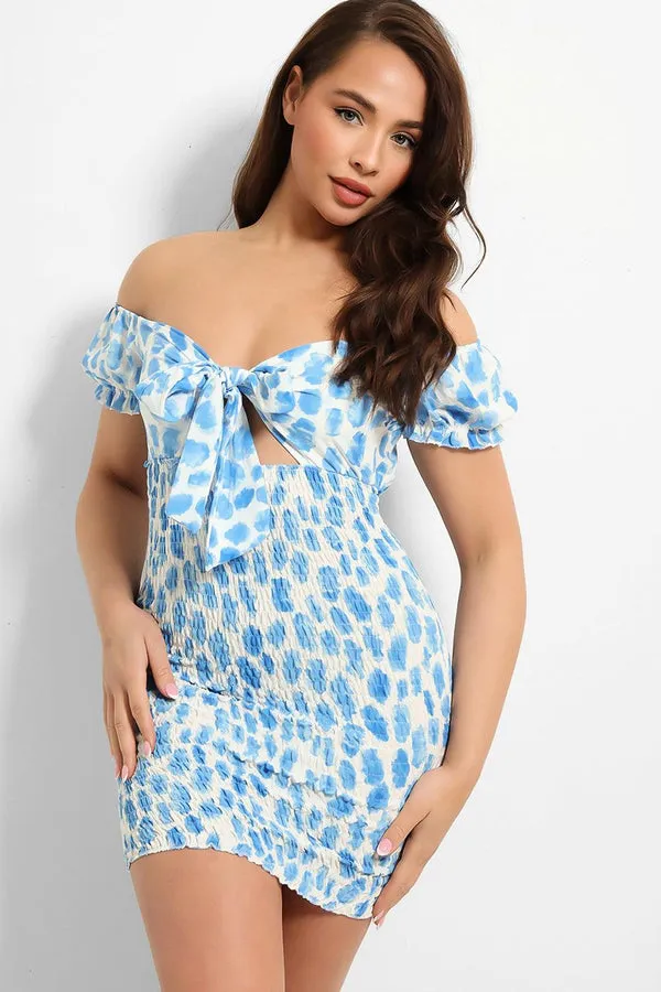 WATERCOLOUR PRINT SHIRRED PEEK-A-BOO BLUE BODYCON DRESS