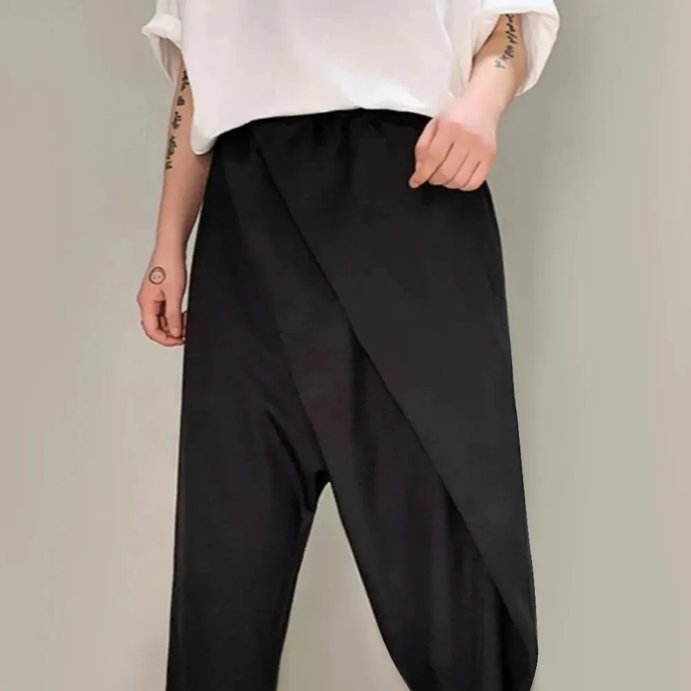 Wiaofellas  -  Men Double-Layer Irregular Pleated Wide-Leg Pants New Genderless Dark Style Retro Loose Solid Color Nine-Point Pants Unisex