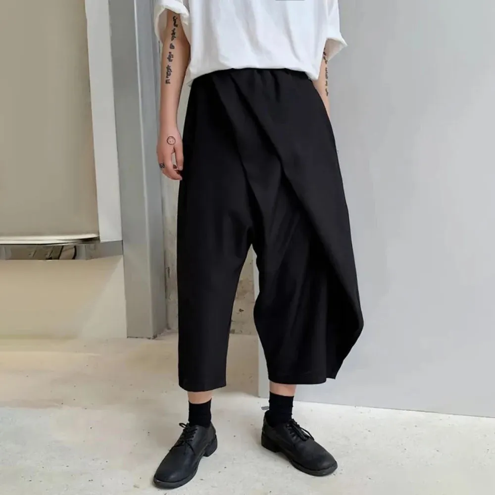 Wiaofellas  -  Men Double-Layer Irregular Pleated Wide-Leg Pants New Genderless Dark Style Retro Loose Solid Color Nine-Point Pants Unisex