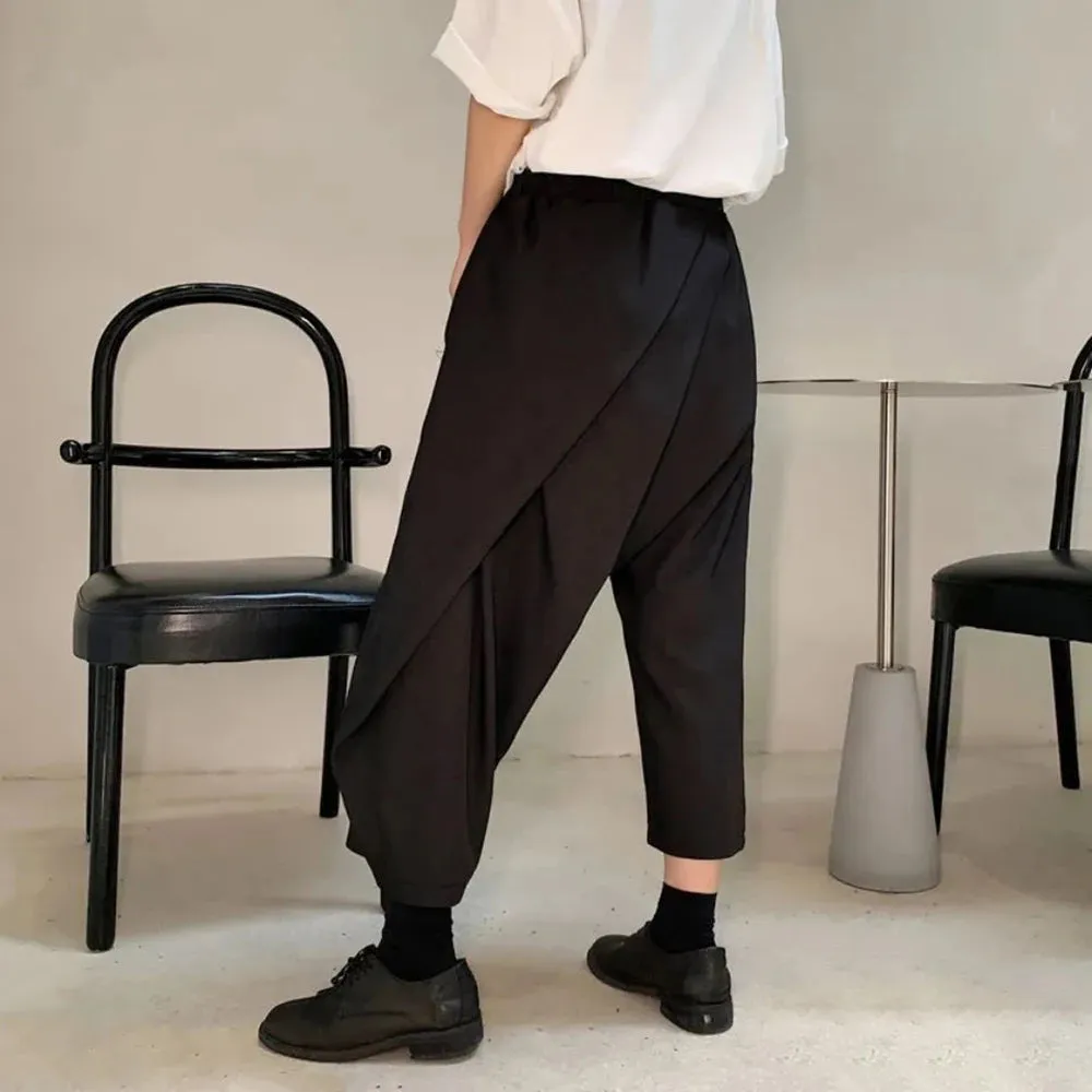 Wiaofellas  -  Men Double-Layer Irregular Pleated Wide-Leg Pants New Genderless Dark Style Retro Loose Solid Color Nine-Point Pants Unisex