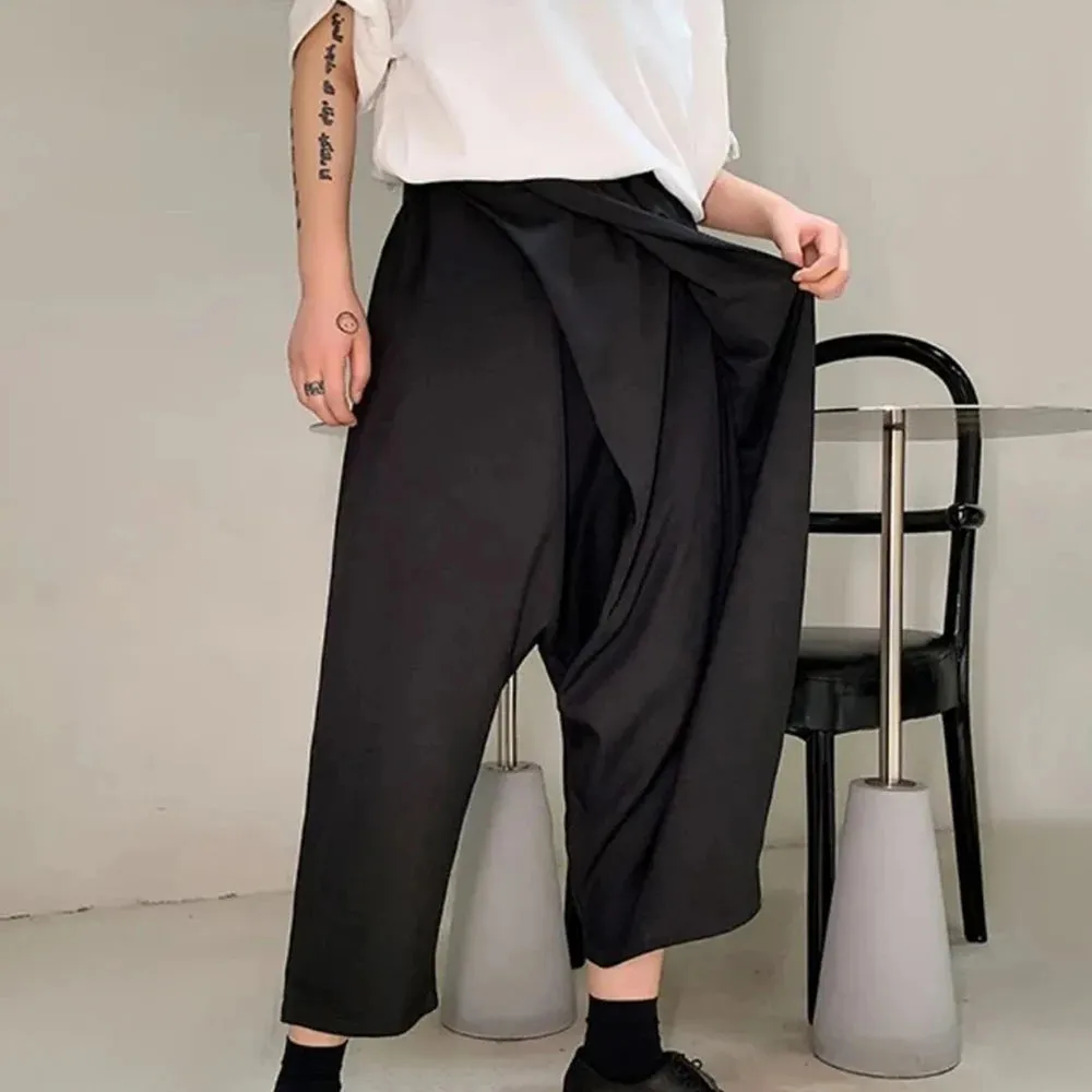 Wiaofellas  -  Men Double-Layer Irregular Pleated Wide-Leg Pants New Genderless Dark Style Retro Loose Solid Color Nine-Point Pants Unisex