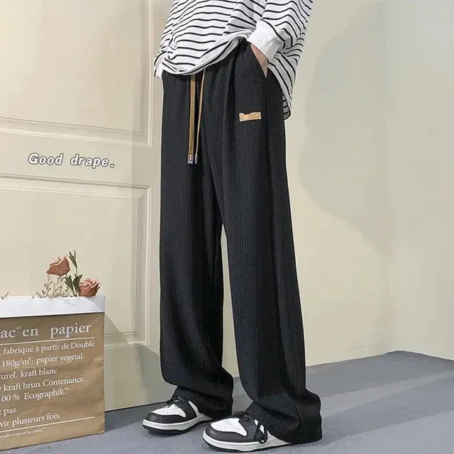 Wiaofellas Men Fashion Oversized Casual Wide Leg Pants Streetwear Hip Hop Loose Straight Trousers Breathable Ice Silk Solid Pleated Pants