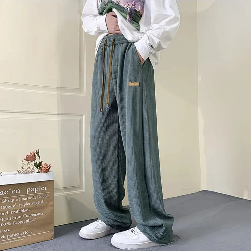 Wiaofellas Men Fashion Oversized Casual Wide Leg Pants Streetwear Hip Hop Loose Straight Trousers Breathable Ice Silk Solid Pleated Pants