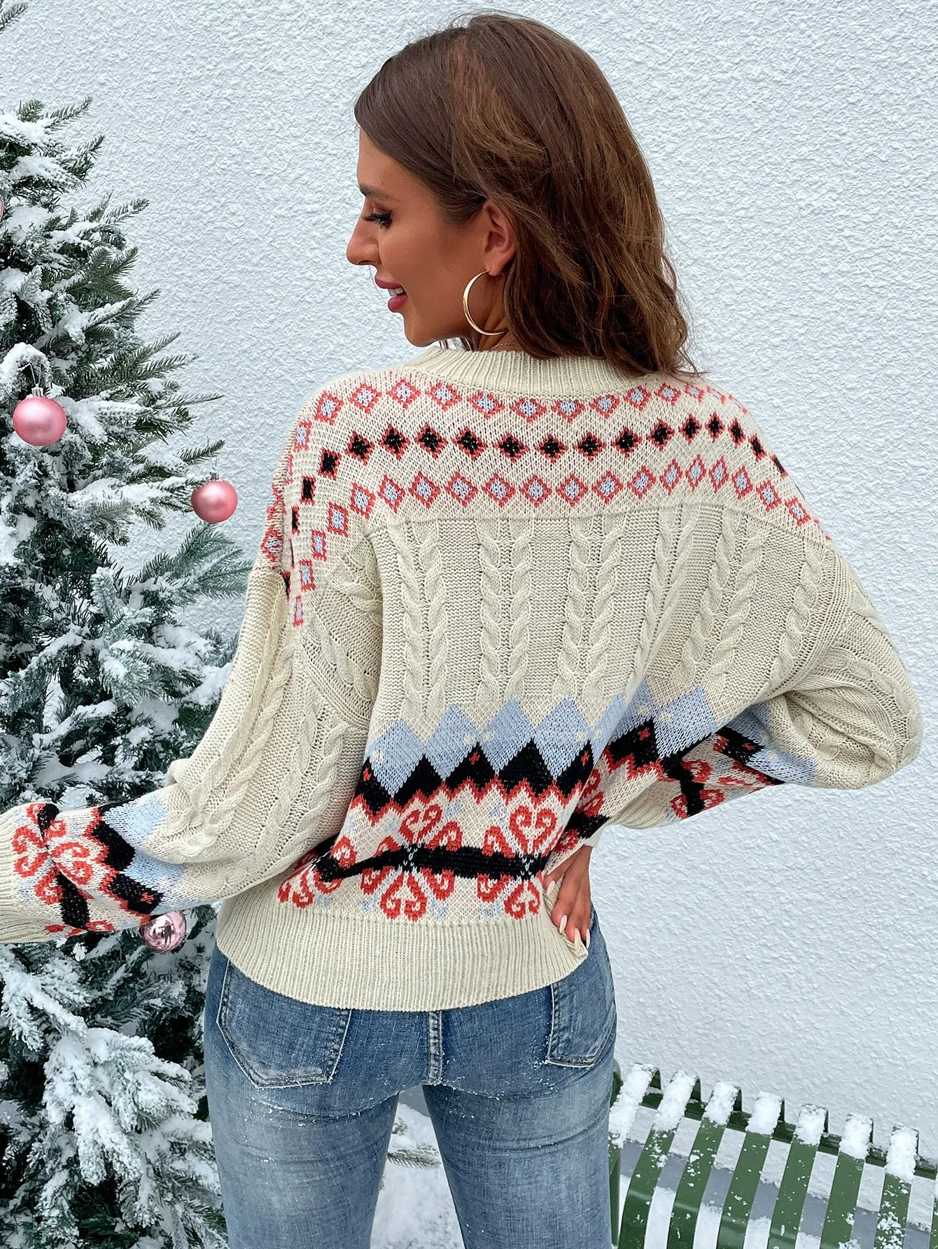 Winter Patterned Off White Multi Knit Cable Sweater MYHU5007XI