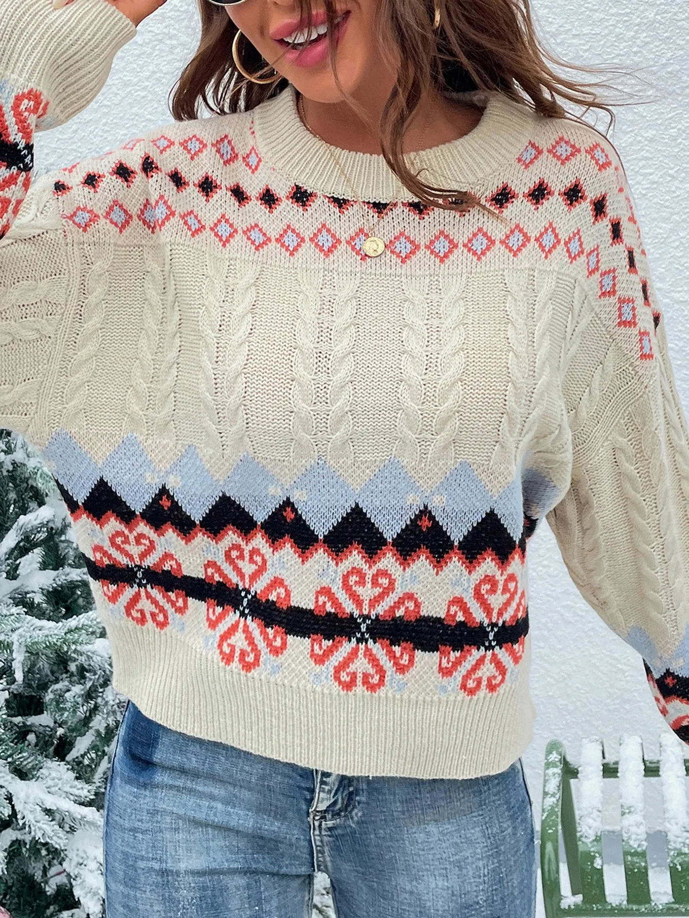 Winter Patterned Off White Multi Knit Cable Sweater MYHU5007XI