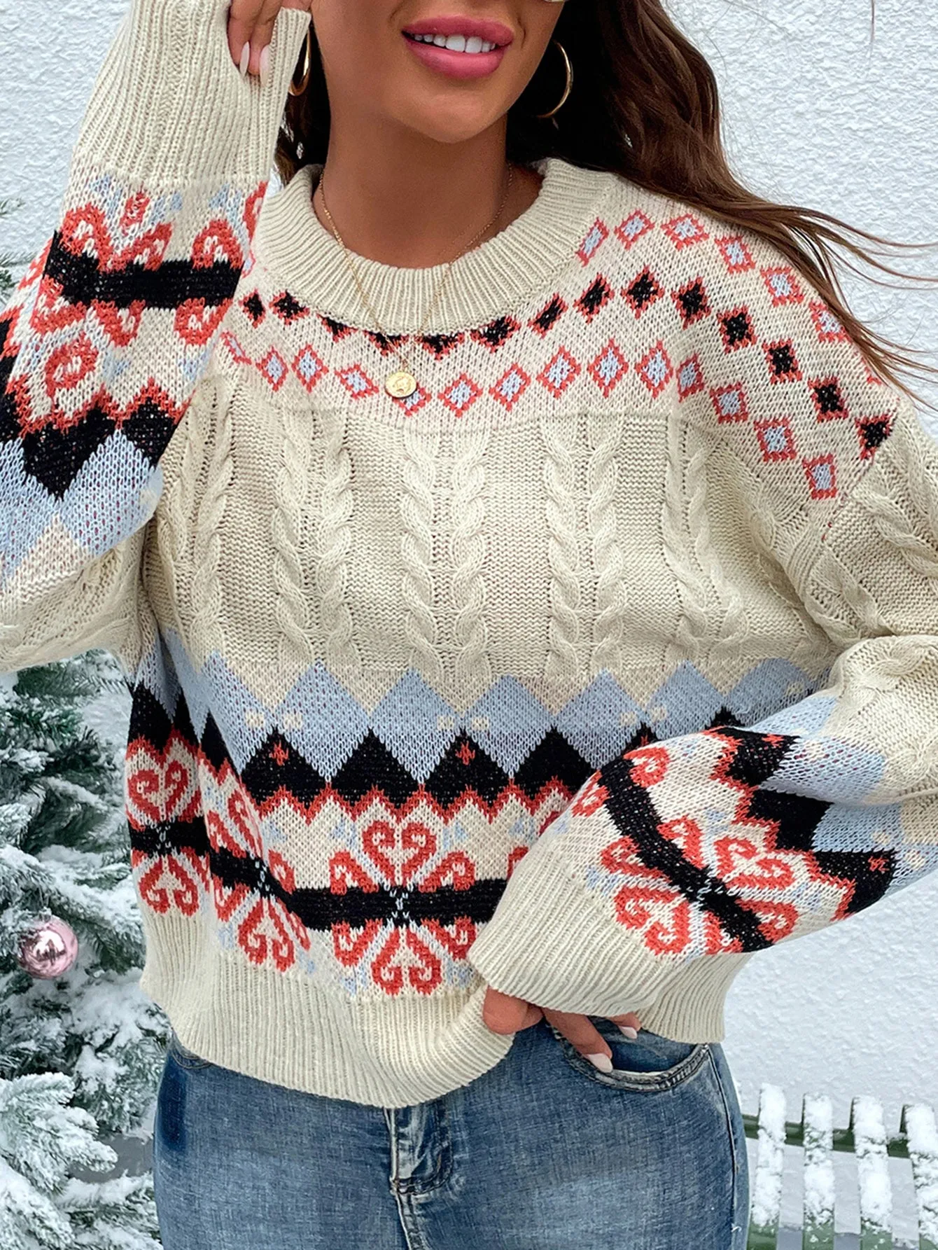 Winter Patterned Off White Multi Knit Cable Sweater MYHU5007XI