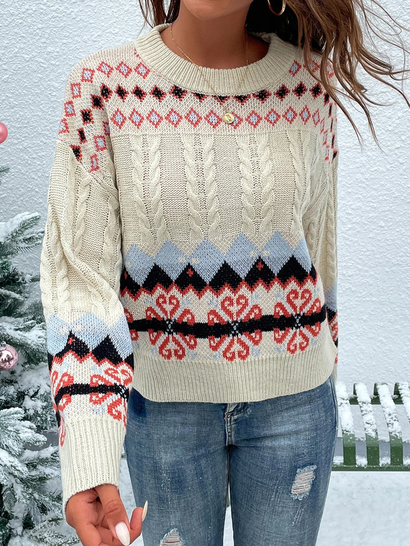 Winter Patterned Off White Multi Knit Cable Sweater MYHU5007XI