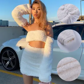 Women Sexy Faux Fur Long Sleeve Top Skirt 2PCS Set