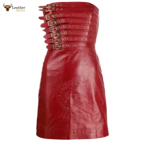 Womens Real Red Leather Hot Party Dress Casual Wear Buckle Dress Frock Skirts